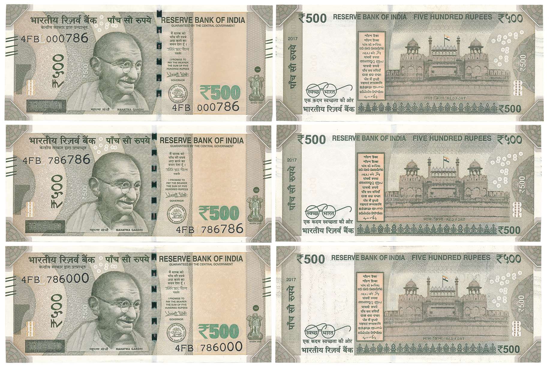 Rupees 500 (3), J-77, Fancy number- 786000, 786786, 000786, 2017, Signed Urjit Patel, Pref