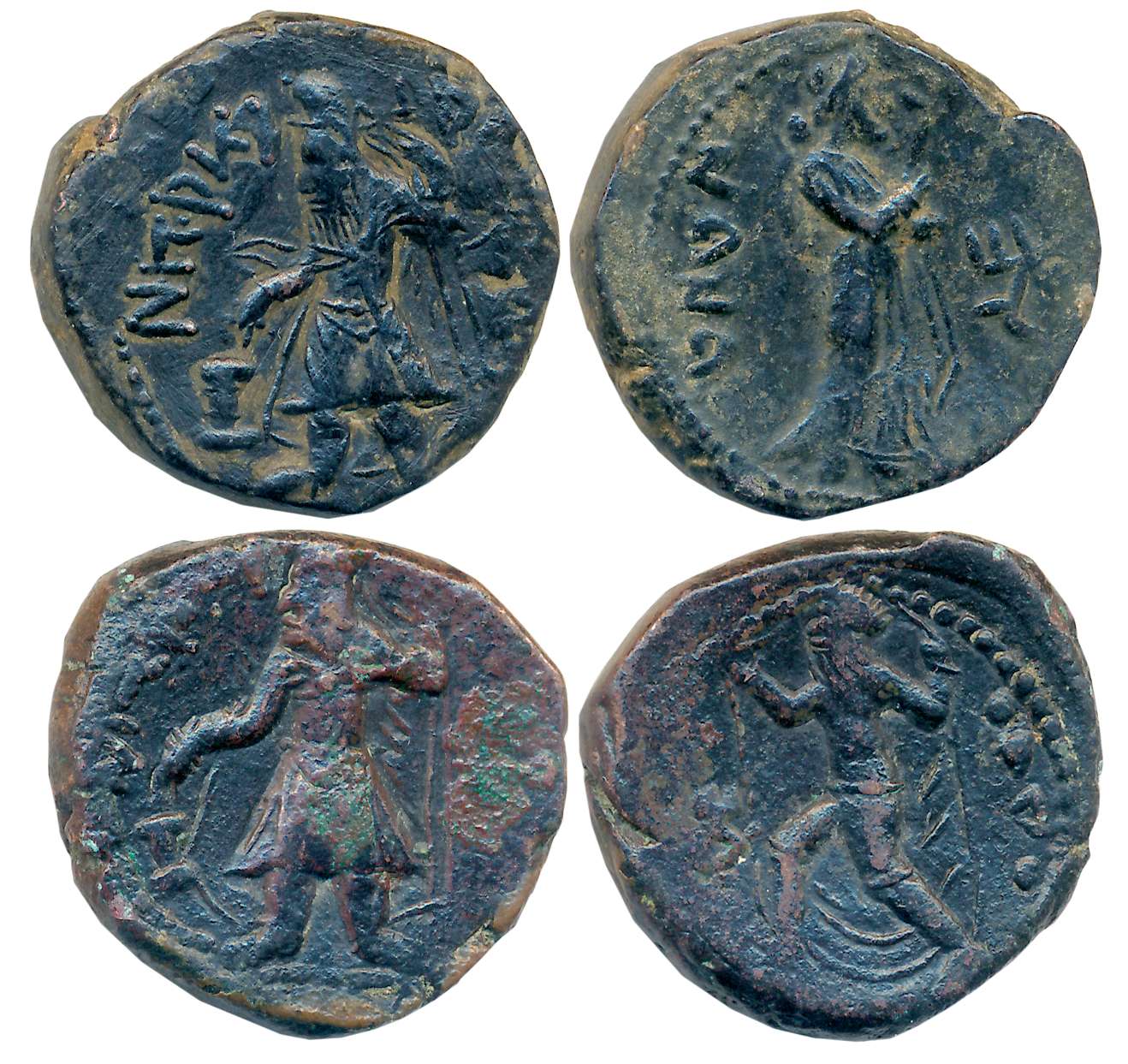 Kushans, Kanishka, Copper (2), 16.75g, 17.30g, “Nana & Oado” type, Obv: Bearded King offer