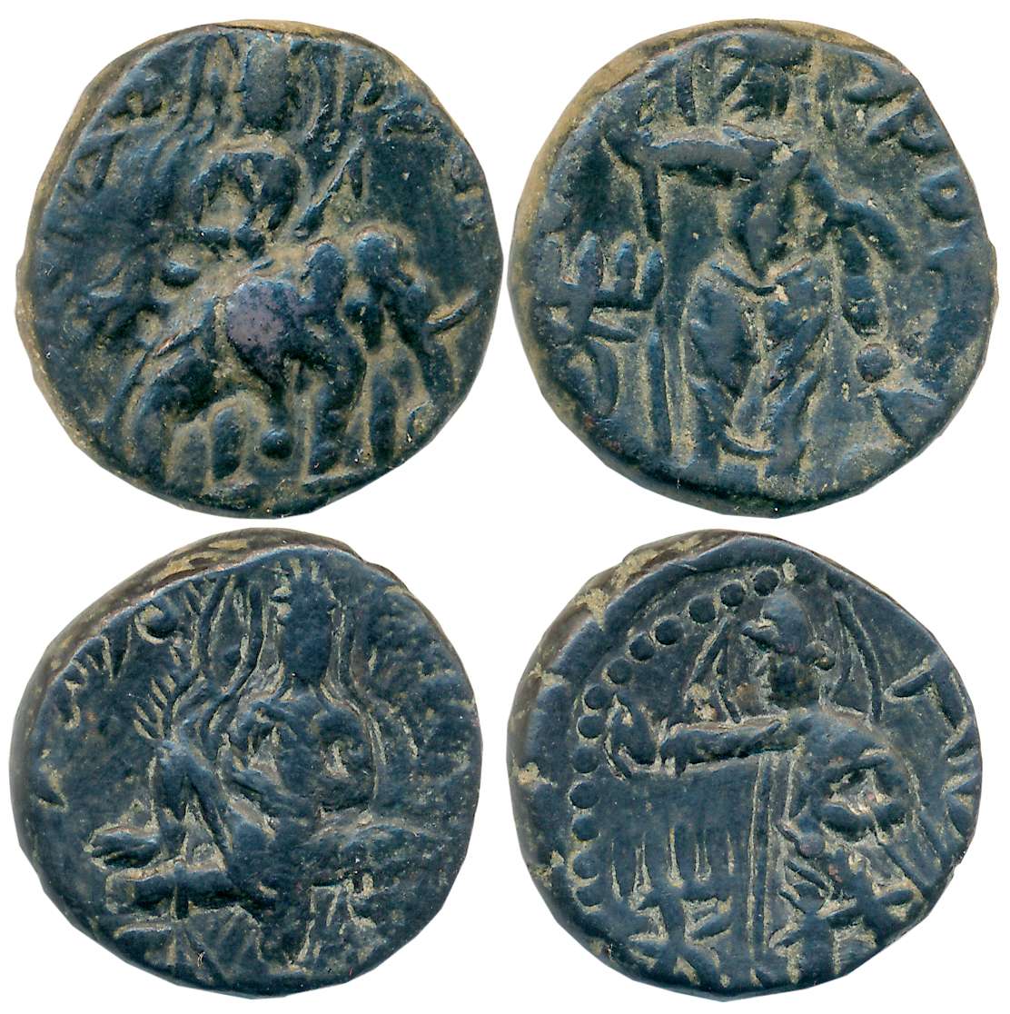 Huvishka, Copper (2), Obv: King seated on couch, Rev: God Mao facing left (Pieper# 1790) &