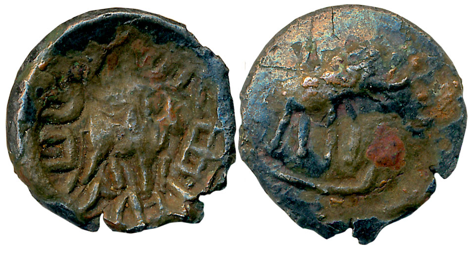 Tribal Yaudheyas, Copper, 4.09g, “Bahudhanyake” type, Obv: Humped Bull standing right with
