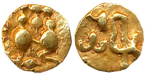 Chalukyas of Kalyani, 12th century, Anonymous Gold Haga 1/4 Fanam, 0.09g, Obv: Lion to rig