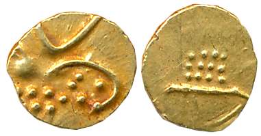Malabar Cost, Veera Raya, Gold Fanam, 0.38g, Obv: Stylized Lion, cresent above, Rev: Styli