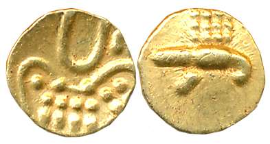 Malabar Cost, Veera Raya, Gold Fanam, 0.32g, Obv: Stylized Lion, cresent above, Rev: Styli