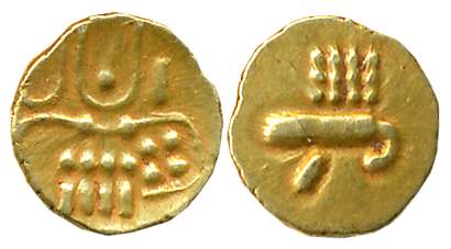 Malabar Cost, Veera Raya, Gold Fanam, 0.38g, Obv: Stylized Lion, cresent above, Rev: Styli