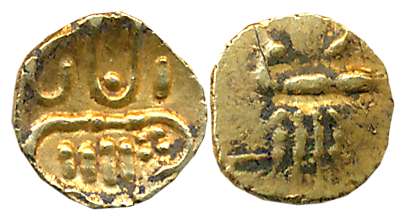 Malabar Cost, Veera Raya, Gold Fanam, 0.38g, Obv: Stylized Lion, cresent above, Rev: Styli