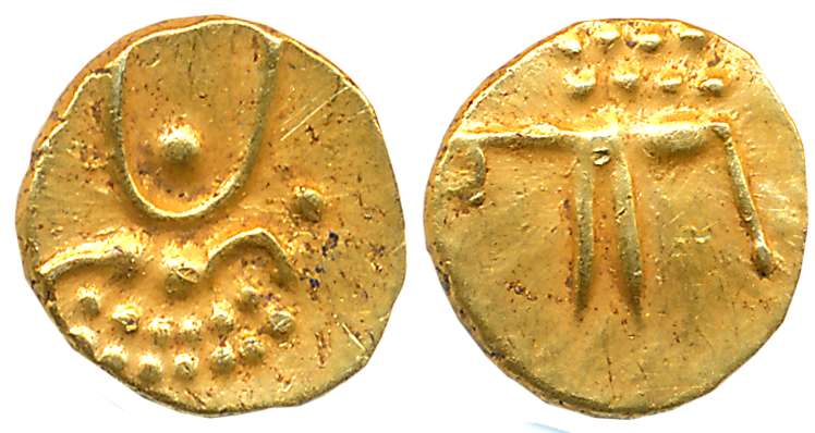 Malabar Cost, Veera Raya, Gold Fanam, 0.39g, Obv: Stylized Lion, cresent above, Rev: Styli