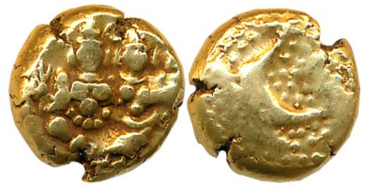 Haidar Ali, Gold Pagoda- Hon, 3.42g, Obv: Lord Shiva Parvati seated, Rev: Persian letter “