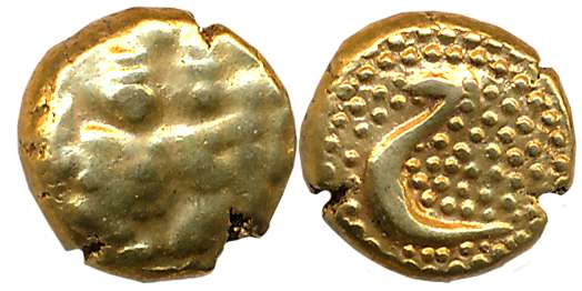 Haidar Ali, Gold Pagoda- Hon, 3.42g, Obv: Lord Shiva Parvati seated, Rev: Persian letter “