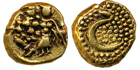 Haidar Ali, Gold Pagoda- Hon, 3.44g, Obv: Lord Shiva Parvati seated, Rev: Persian letter “