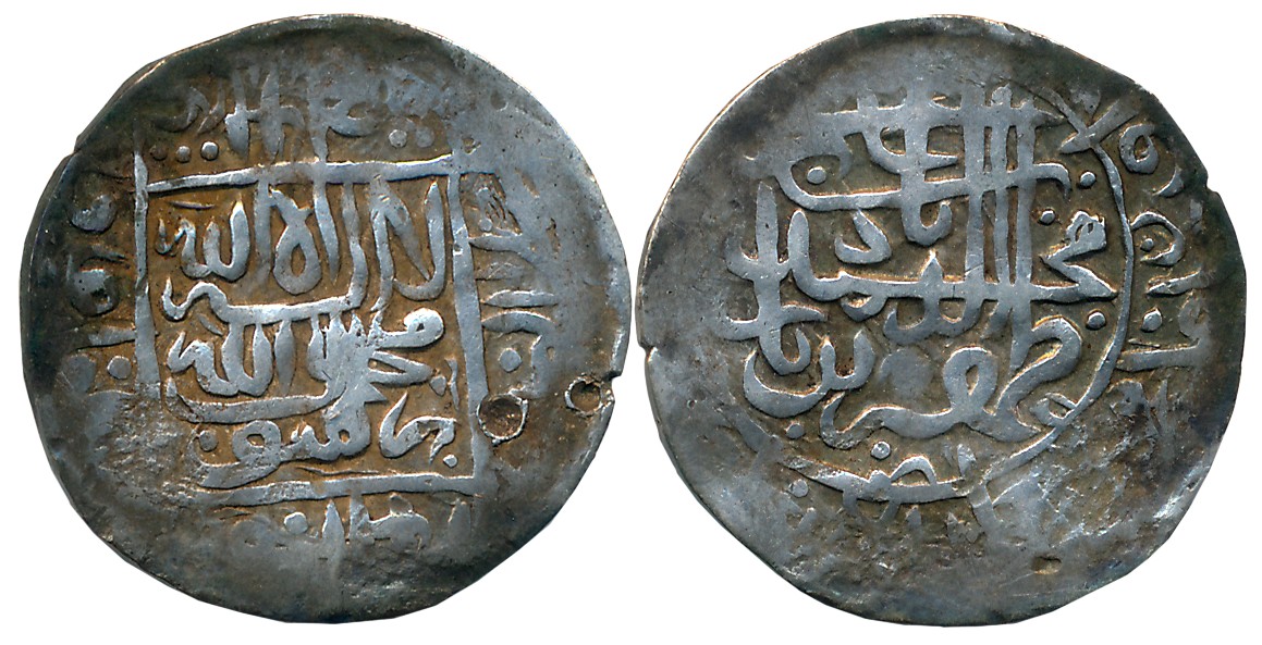 Babur, Silver Shahrukhi, 4.41g, Badakshan Mint, ND, Obv: Shahada and invocation “Yarzaqu A