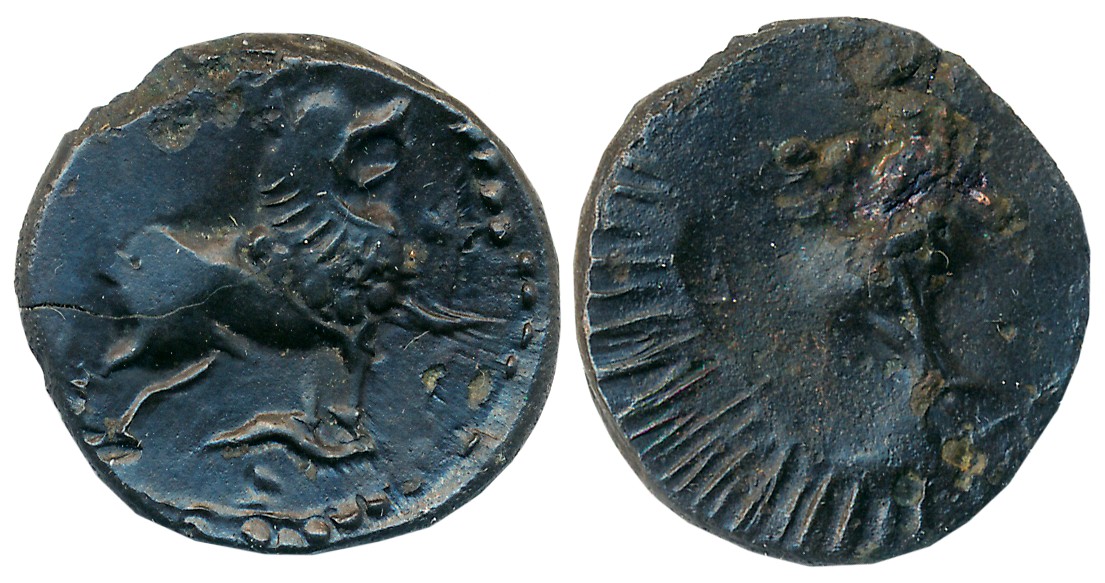 Vishnukundin of Vengi, uninscribed Alloyed Copper, 6.17g, “Lion' type, Obv: Roaring maned 
