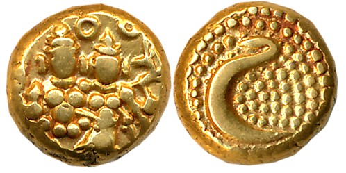 Haidar Ali, Gold Pagoda- Hon, 3.42g, Obv: Lord Shiva Parvati seated, Rev: Persian letter “