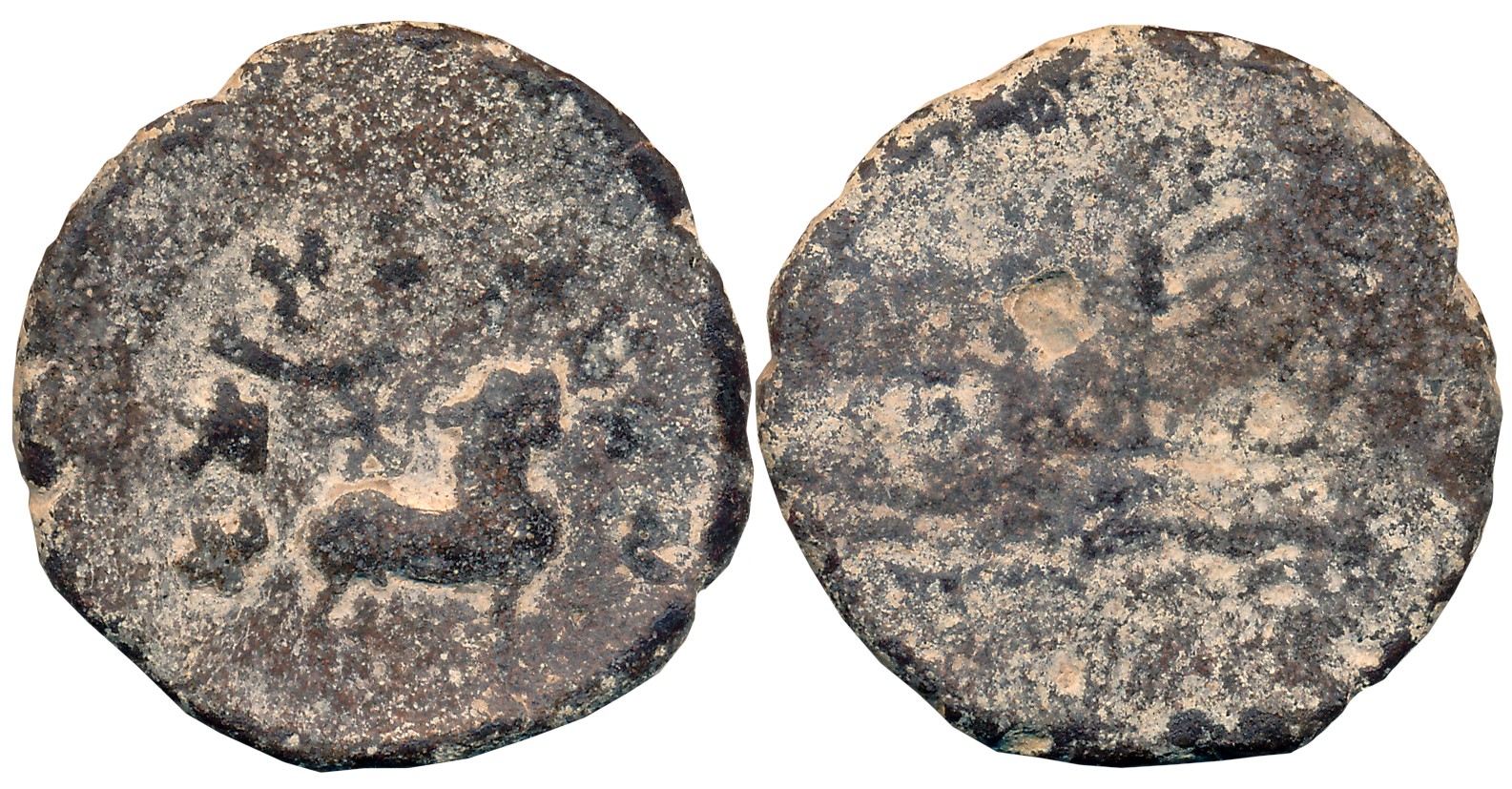 Satavahanas Feudatories, Kumara Isimula, Lead, 16.88g, Obv: Lion to right, Brahmi legend a