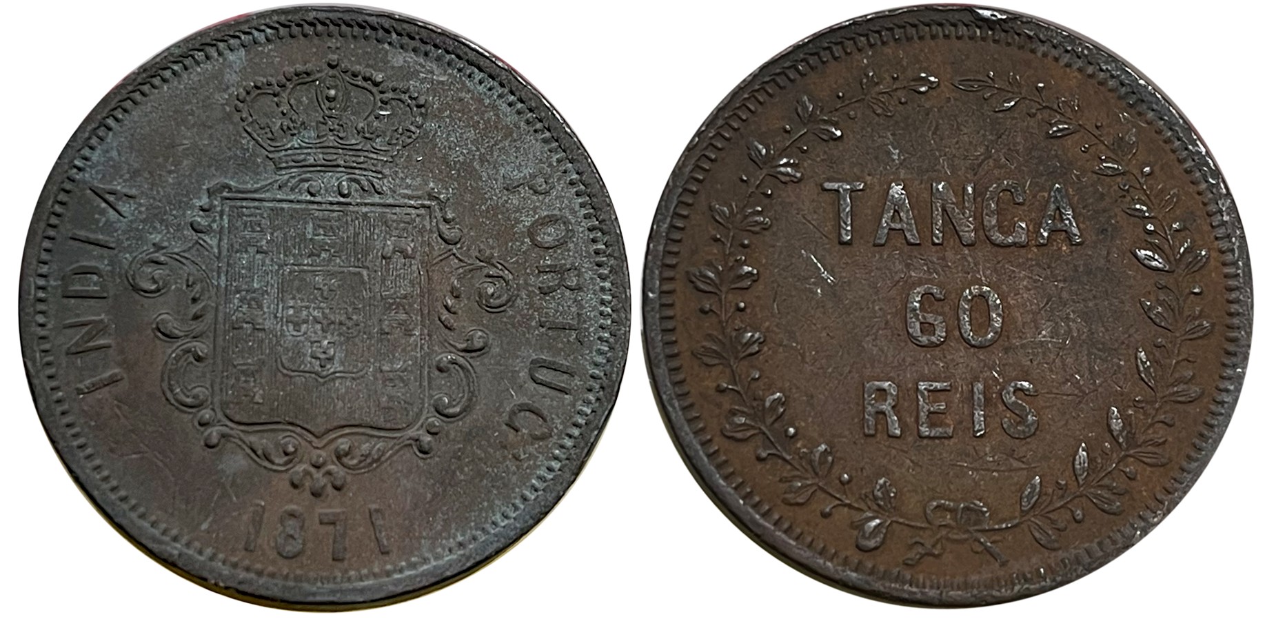 D. Luiz I, Copper 60 Reis- Tanga, 37.87g, 1871, Obv: Crowned arms date below, Rev: Value w