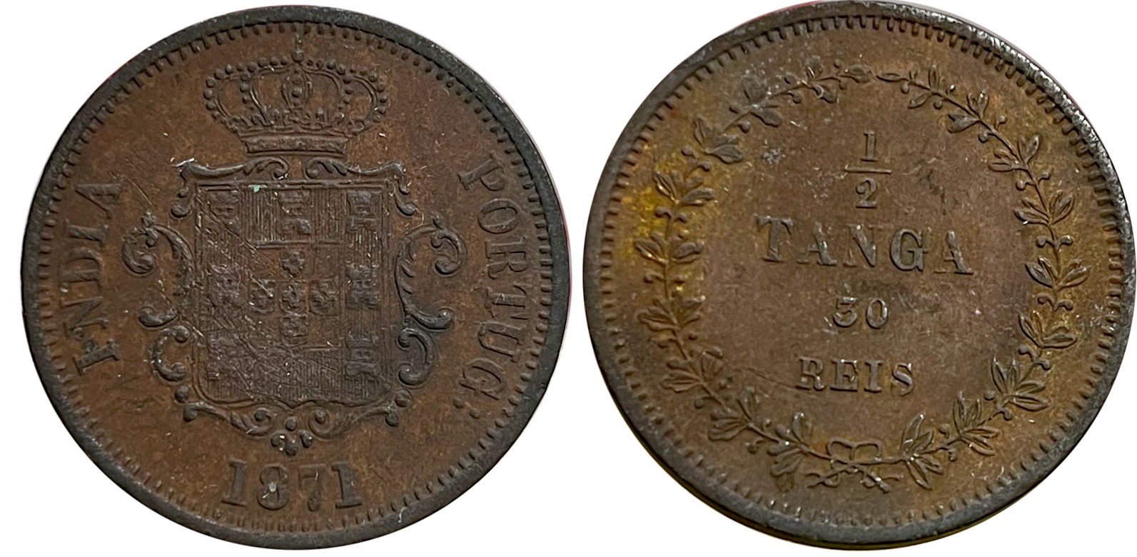 D. Luiz I, Copper 30 Reis- 1/2 Tanga, 19.06g, 1871, Obv: Crowned arms date below, Rev: Val