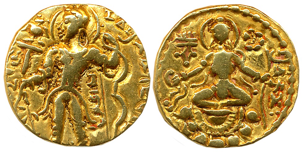 Guptas, Chandra Gupta II, Gold Dinar, 7.67g, “Archer” type, Obv: Nimbate king standing wea
