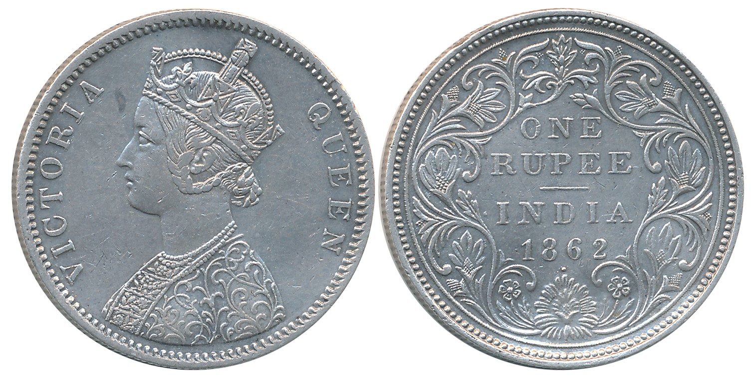 Victoria Queen, Silver Rupee, 1862, 0/1 dot. Very fine+, rare.