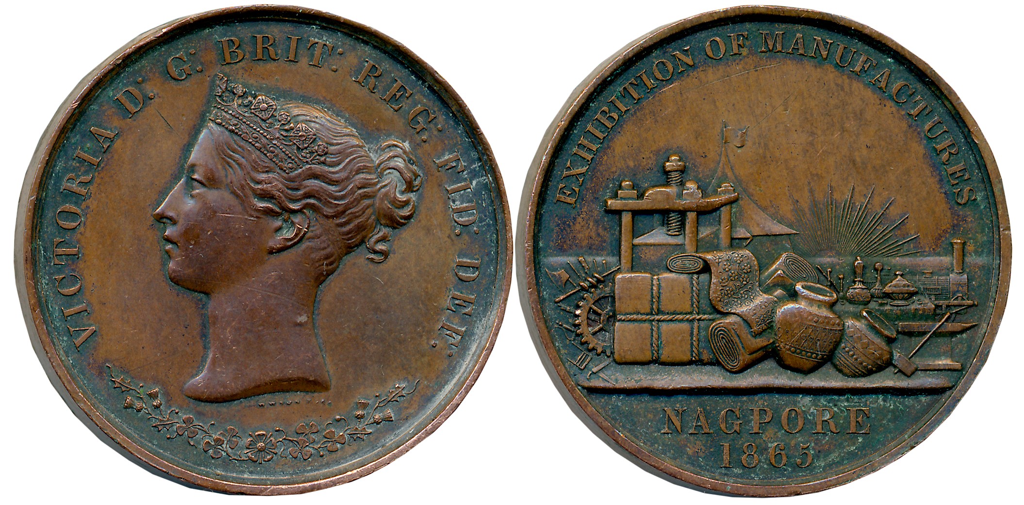 Nagpore Exhibition Medal, Victoria, Copper, 44.74g, Nagpore Manufacturers Exhibition, 1865