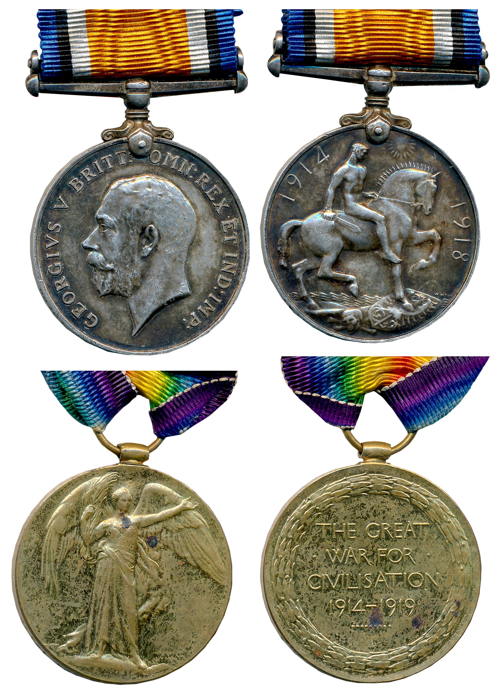 George V, British 1st War Medal (2), Pair, Silver & Bronze, 31.26g, 35.07g, Awarded to “82