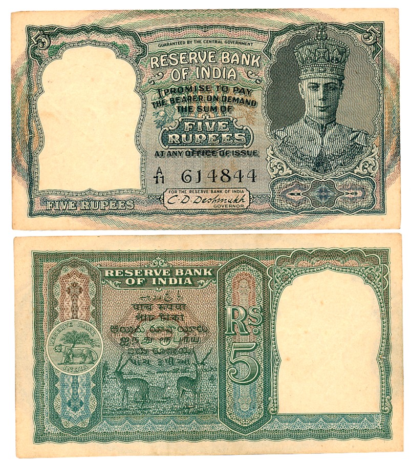 George VI, Rupees 5, 2nd issue, Type 4.4, Front face, Signed by C.D. Deshmukh, Prefix A/11