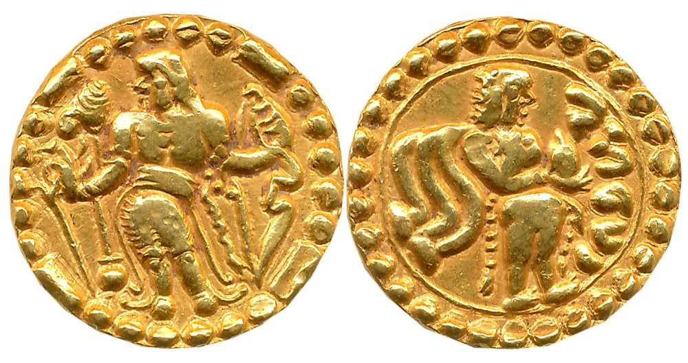 Post Gupta Bengal, Samatata region, Anonymous, Debased Gold Dinar, 5.79g, Obv: King standi