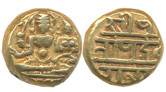 Vijaynagar Empire, Devaraya I, Gold Varaha- Hon, 3.39g, Obv: Lord Vishnu seated in Padmasa