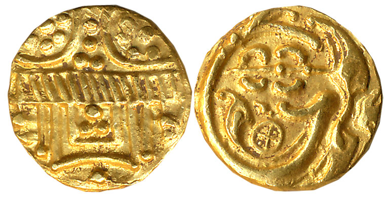 Chalukyas of Kalyani, Anonymous, Gold Gadyana, 3.98g, Obv: Temple/ Chariot, Rev: Floral mo