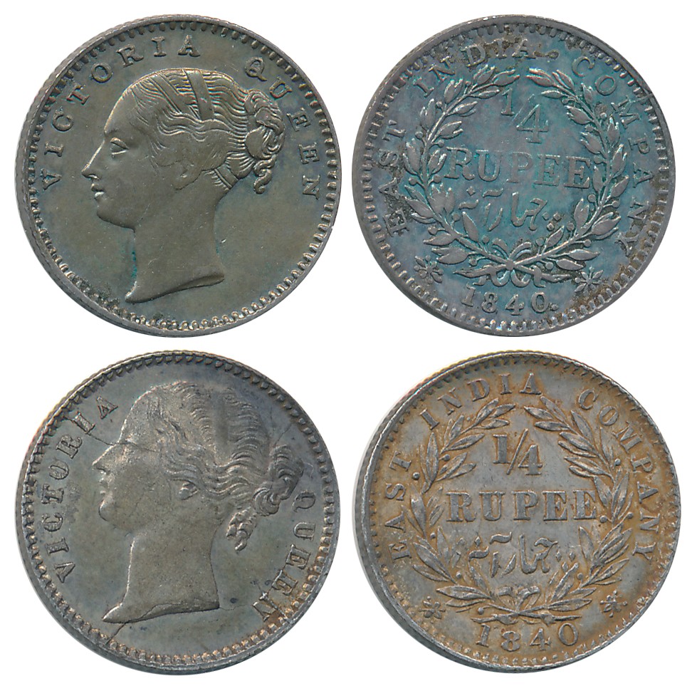 Victoria Queen, Silver 1/4 Rupees (2), Continuous legend & Divided legend, 1840. Extremely
