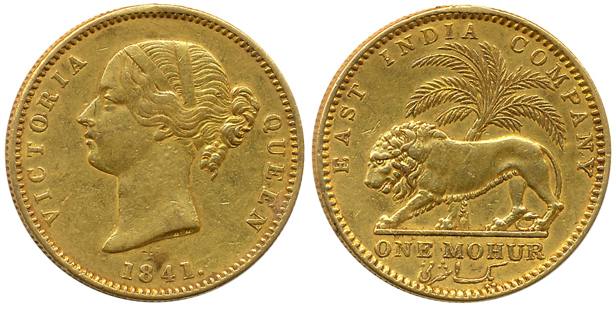 Victoria Queen, Gold Mohur, 11.59g, 1841, Divided legend, Calcutta Mint, W. W. incused, Ob
