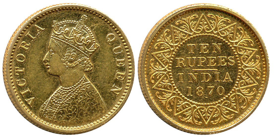 Victoria Queen, Proof Restrike, Gold, Ten Rupees, 7.79g, 1870, Obv: Crowned & robed bust t