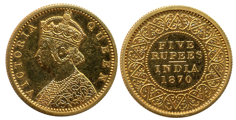 Victoria Queen, Proof Restrike, Gold, Five Rupees, 3.89g, 1870, Obv: Crowned & robed bust 