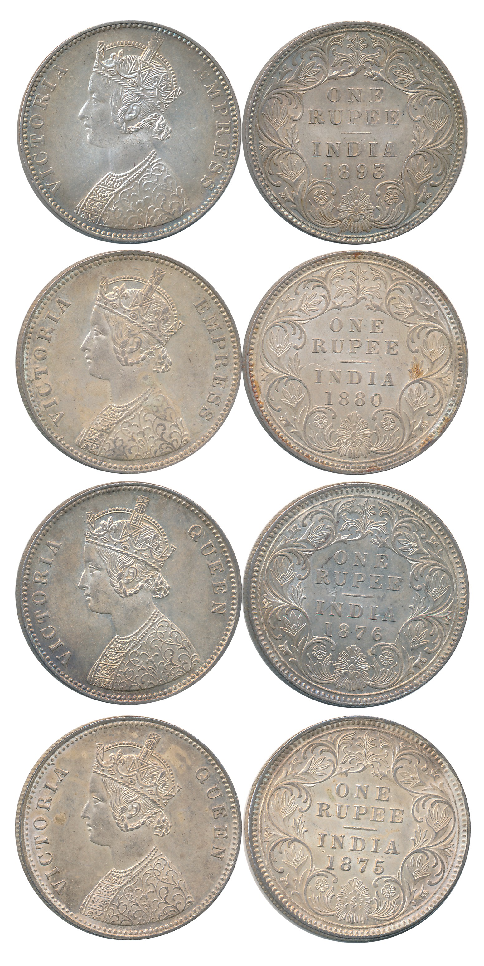 Victoria, Silver Rupees (4), 1875, 1876, 1880 & 1895. Brilliant about uncirculated. 4 coin