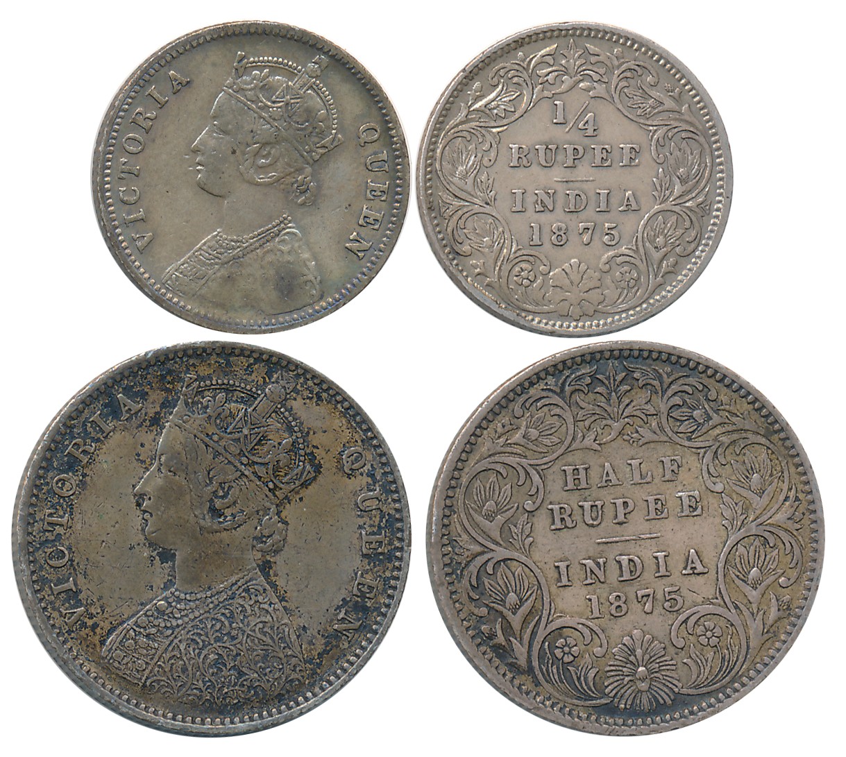 Victoria Queen, Silver (2), 1/2 Rupee & 1/4 Rupee, 1875. Very fine+ to extremely fine. 2 c