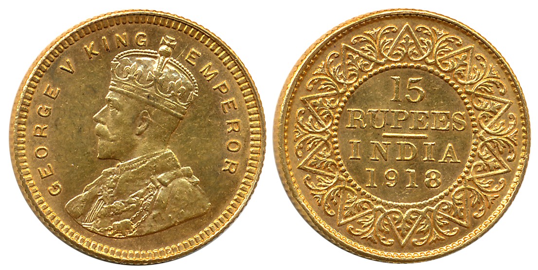 George V, Gold 15 Rupees, 7.98g, 1918, Bombay Mint, Obv: Crowned & robed bust to left, “B.