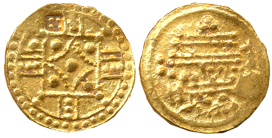 Chalukyas of Kalyani, Anonymous, Gold Gadyana, 4.36g, Obv: Square shape Lotus with dots in