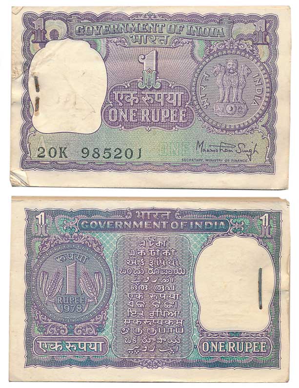 Rupee 1, Pack of 100 Notes, “A-38”, 1978, Type 6.1.8, Signed by Manmohan Singh, Prefix 20/