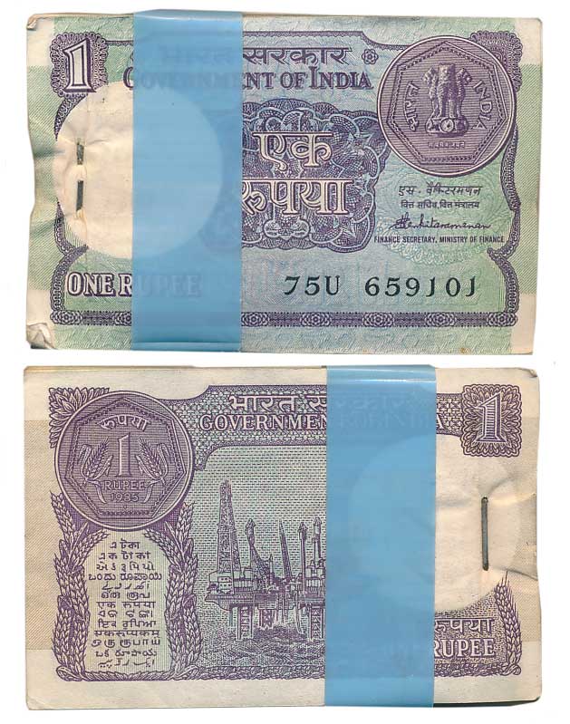 Rupee 1, Pack of 100 Notes, “A-48”, 1985, Type 6.1.10, Signed by S. Venkitaraman, Prefix 7