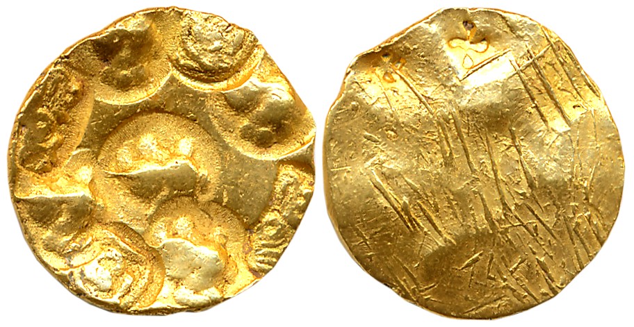 Chalukyas of Kalyani, Gold Punch Marked Gadyana, 3.79g, Uniface, 8 Punches type, with cent