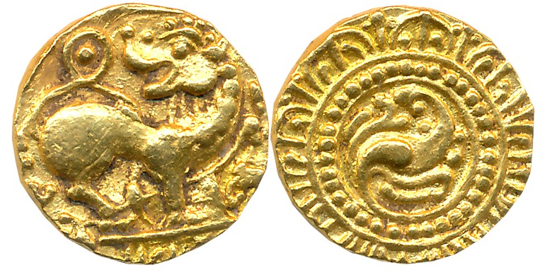 Kadambas of Hangal, Gold Gadyana, 4.26g, Obv: Lion advancing right with its head turned ba