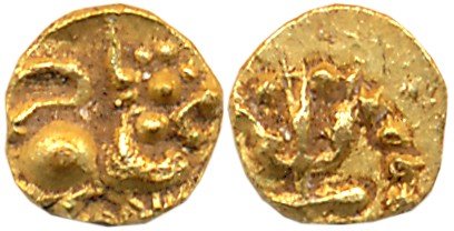 Later Kadambas of Karnataka, Anonymous, Gold Fanam, 0.10g, Fraction of “Malege Bhairava” G