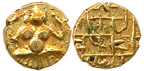 Anonymous, Gold Fanam, 0.19g, Obv: Lakshmi seated holding lotus in her two hands. Rev: Dev