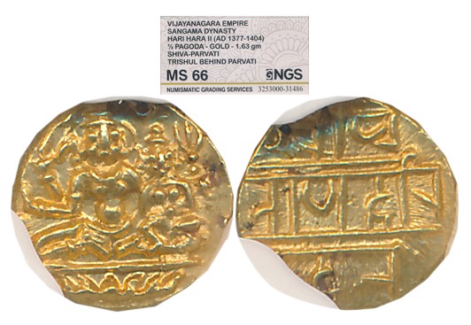 Vijaynagar Empire, Harihara II, Gold 1/2 Varaha- Hon, 1.63g, Obv: Lord Vishnu & Goddess La