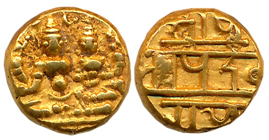 Vijaynagar Empire, Devaraya I, Gold Varaha- Hon, 3.40g, Obv: Lord Vishnu seated in Padmasa