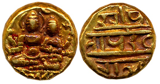Vijaynagar Empire, Devaraya I, Gold Varaha- Hon, 3.41g, Obv: Lord Vishnu seated in Padmasa