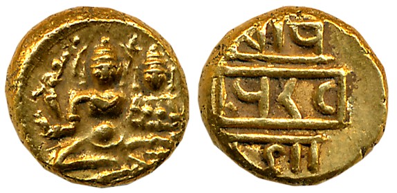 Vijaynagar Empire, Devaraya I, Gold Varaha- Hon, 3.41g, Obv: Lord Vishnu seated in Padmasa