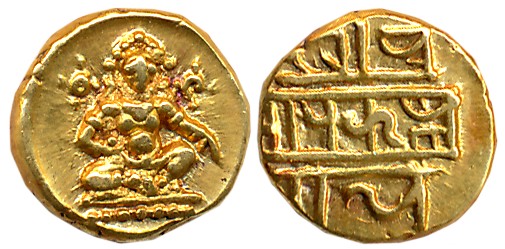 Vijaynagar Empire, Krishnadevaraya, Gold 1/2 Varaha- Hon, 1.69g, Obv: Seated Lord Balakris