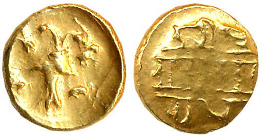 Vijaynagar Empire, Achyutadevaraya, Gold Pratap- 1/2 Hon, 1.70g, “Gandabherunda” type, Obv