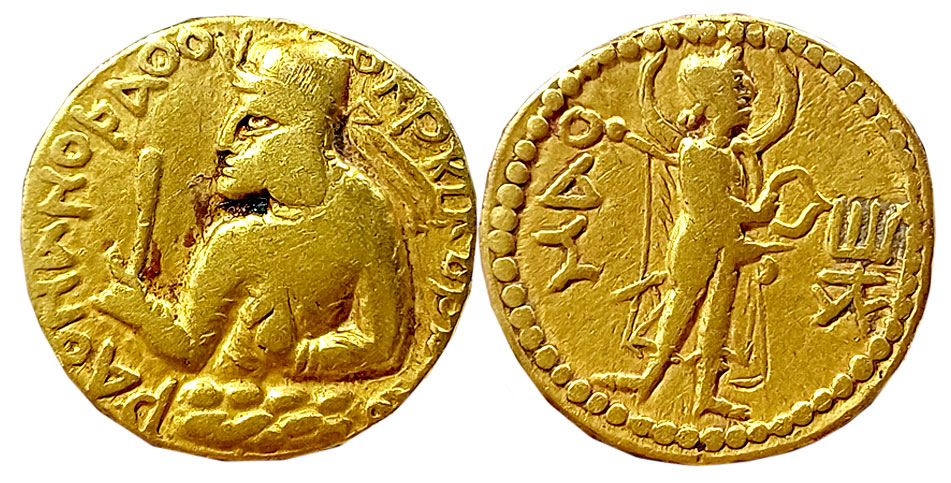 Kushan, Huvishka, Gold Dinar, 7.75g, Obv: Draped bust of the king to left, wearing helmet 