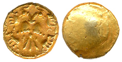 Vijaynagar Empire, Achyutadevaraya, Gold 1/2 Varaha- Hon, 1.69g, “Gandabherunda” type, Obv