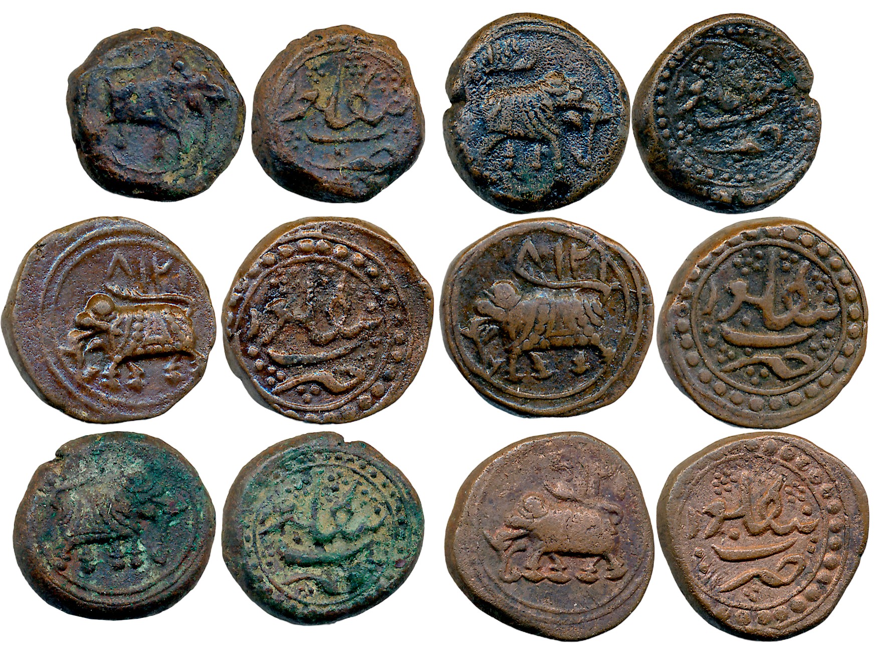 Tipu Sultan, Copper 1/2 Paisa (6), Bengaluru Mint, Elephant facing left & right (KM# 32.1,